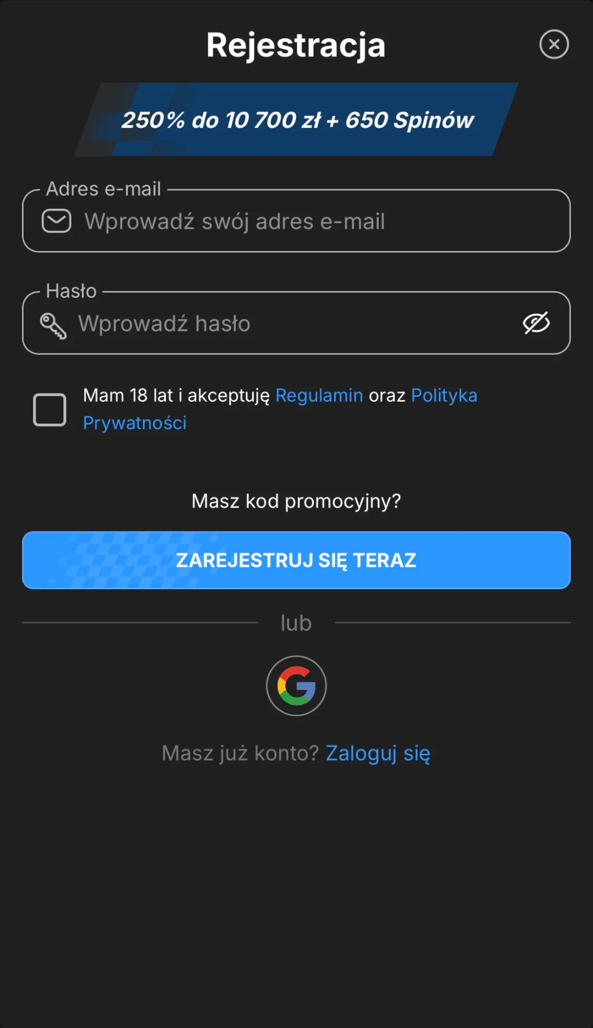 NeedForSpin rejestracja krok1