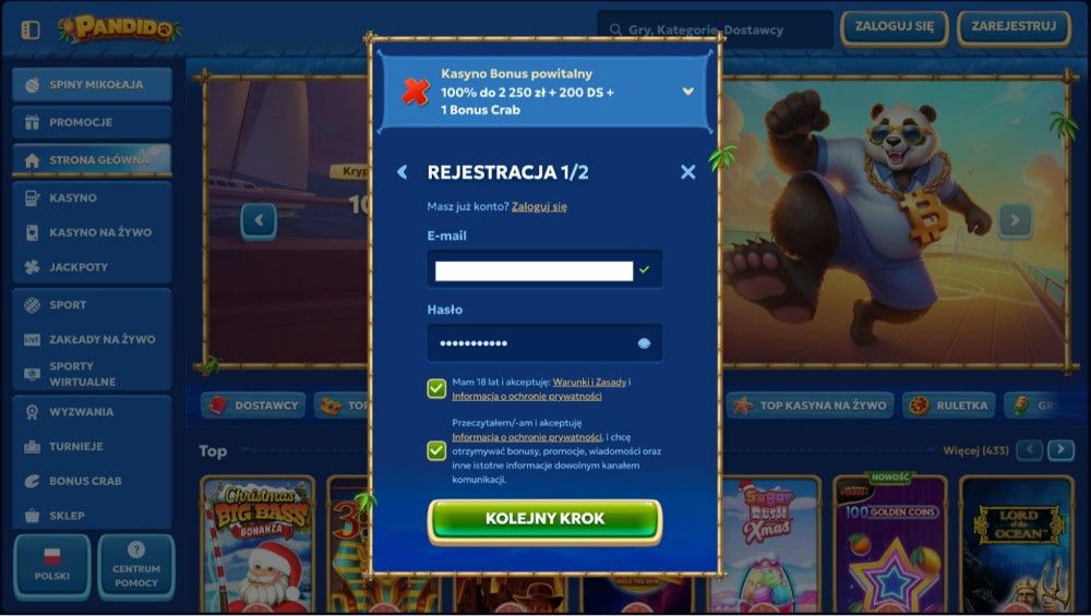 Pandido casino ukończyć 1 etap rejestracji