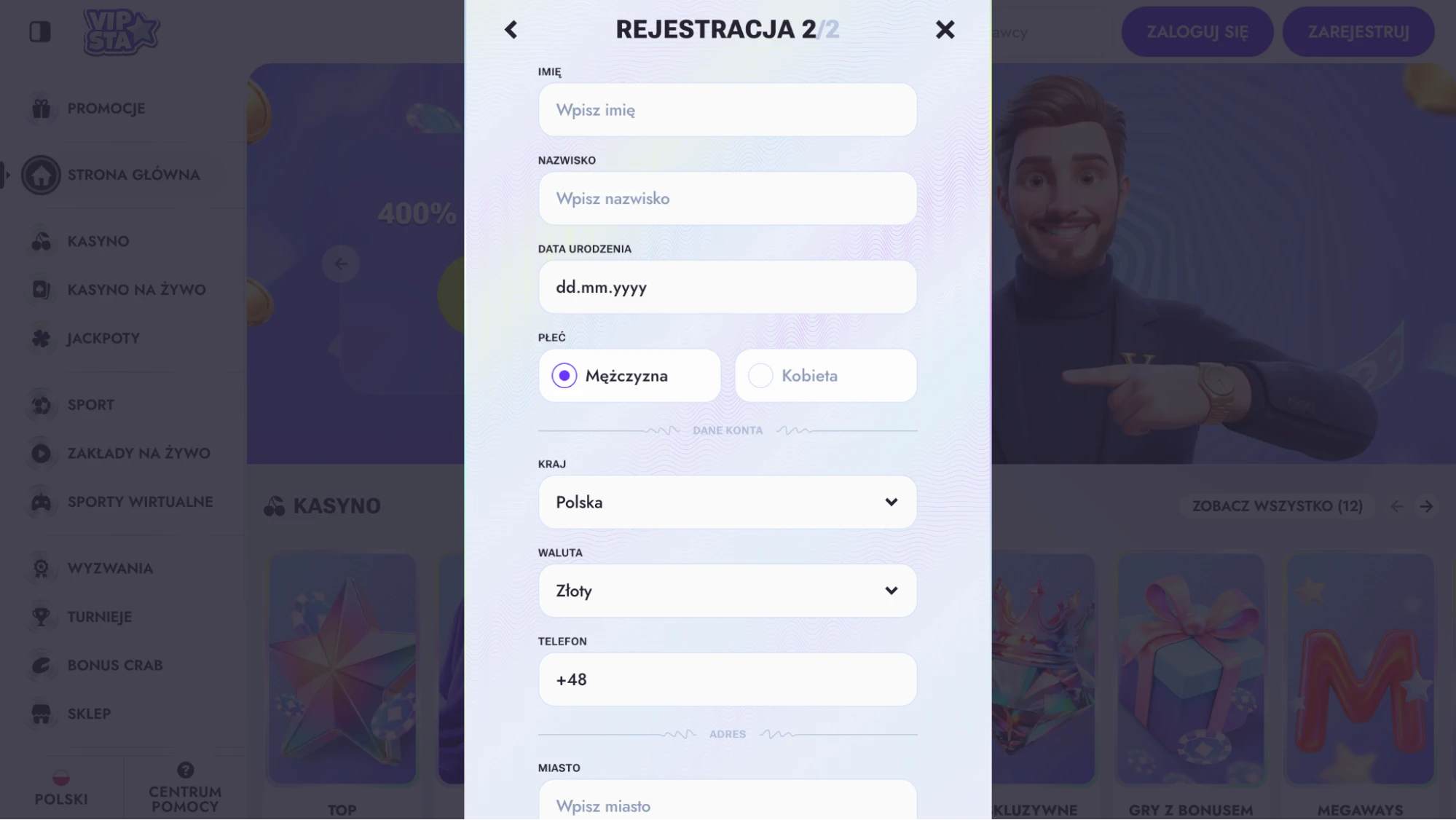 Vipsta rejestracja krok 1