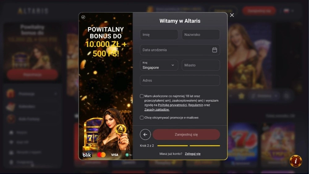 altaris casino rejestracja krok 2