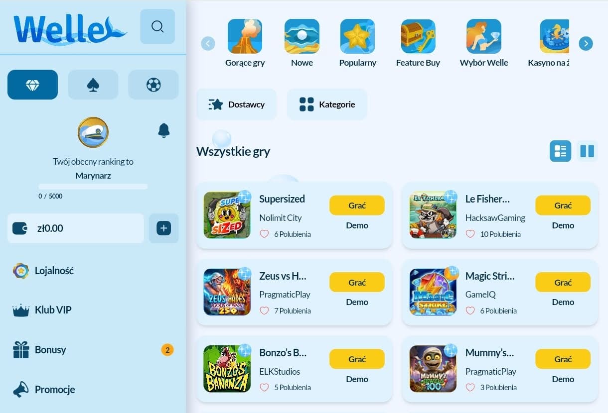 asortyment gier w welle casino