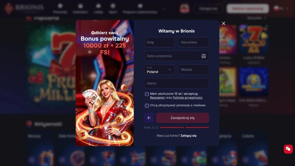 brionis casino rejestracja krok 2