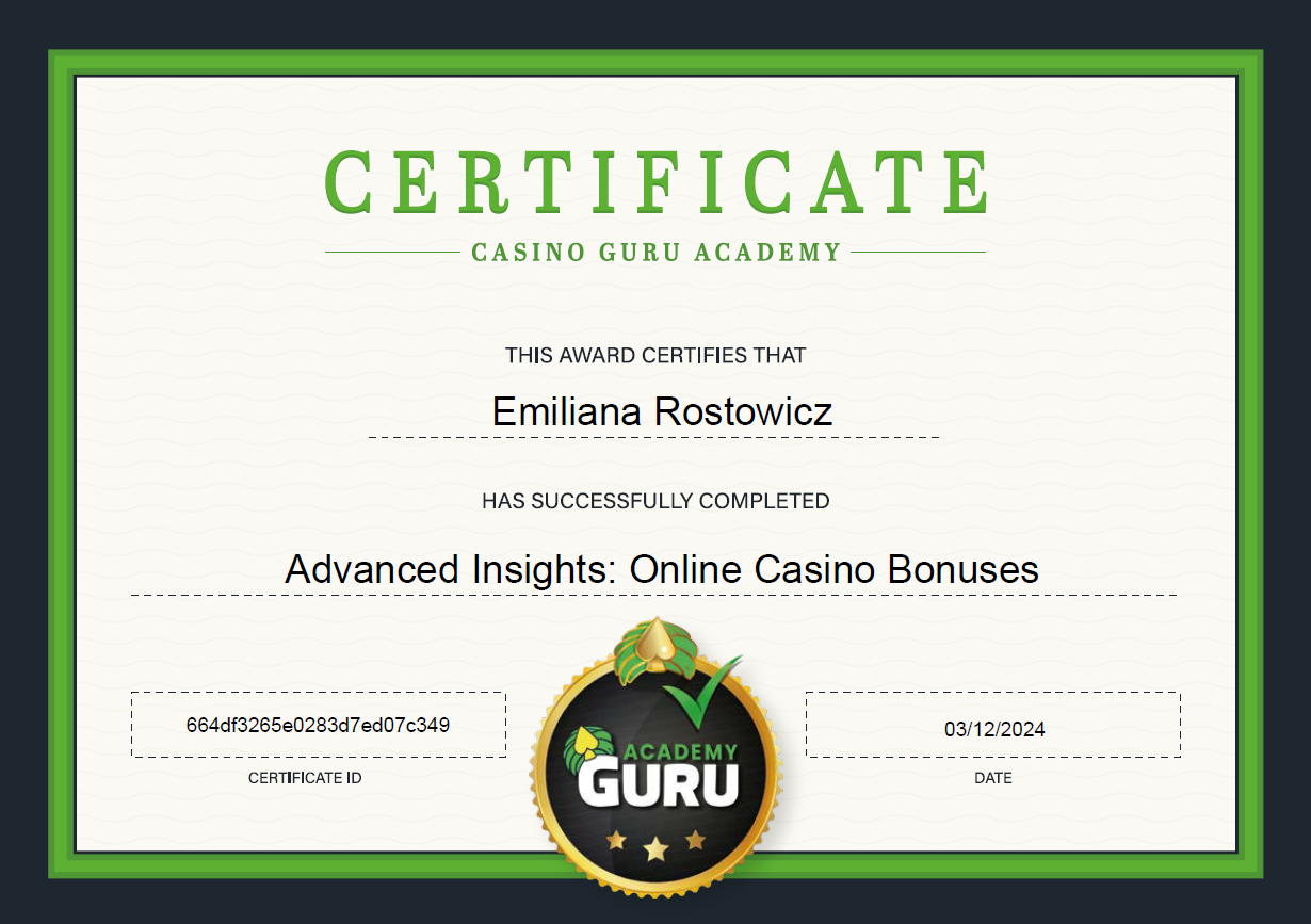 certificate Emiliana Rostowicz advanced insights online casino bonuses