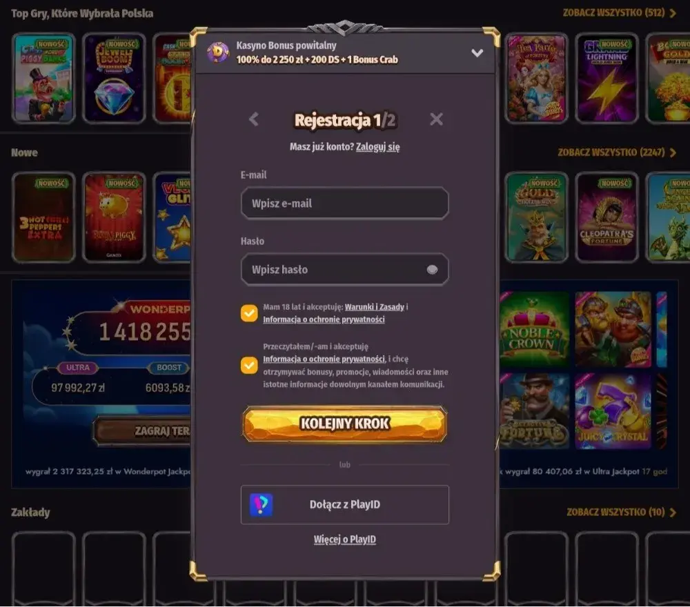 dragonia casino rejestracja krok 1