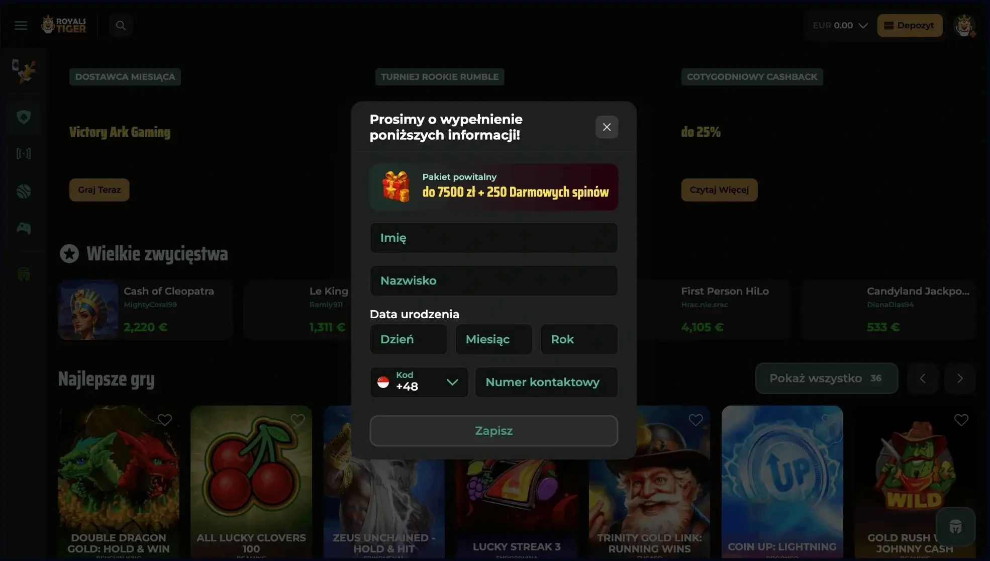drugi etap rejestracji w royalstiger casino