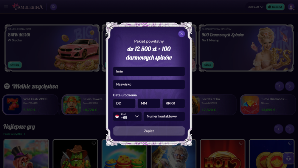 gamblerina bonus bez depozytu dane gracza