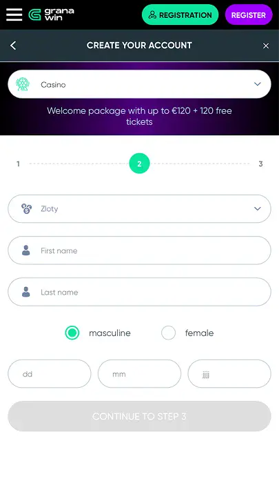 granawin casino wypelnienie danych osobowych
