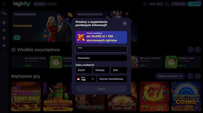 highflybet casino wypelnienie danych osobowych