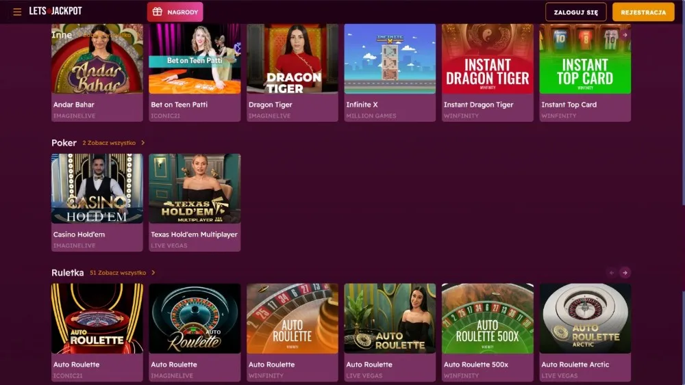 letsjackpot casino lobby live gier