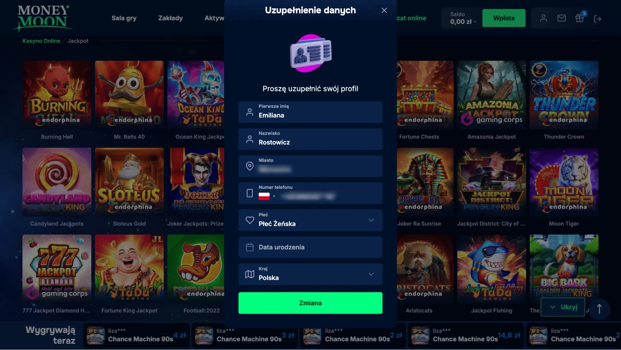 moneymoon casino dane osobowe