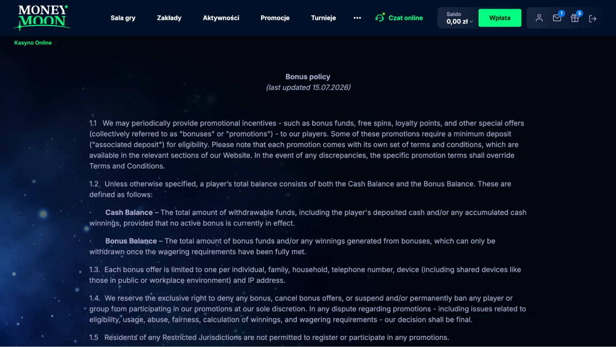 moneymoon casino regulamin bonusow