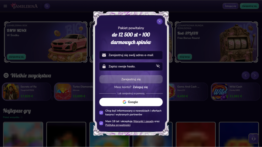 rejestracja gamblerina promocyjny kod