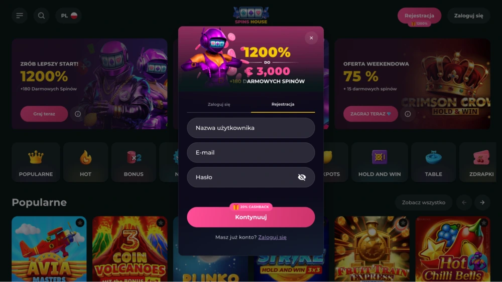rejestracja spins house bonus bez depozytu