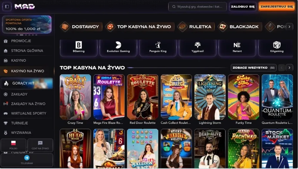sekcja live w mad casino