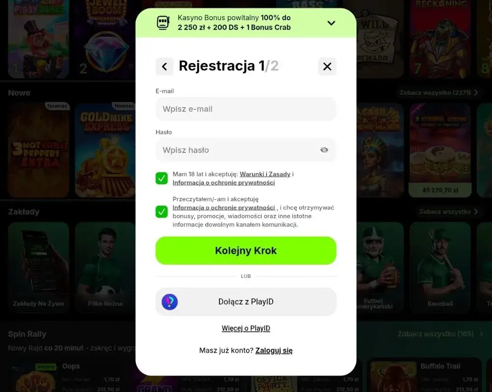 spinit casino rejestrację krok 1