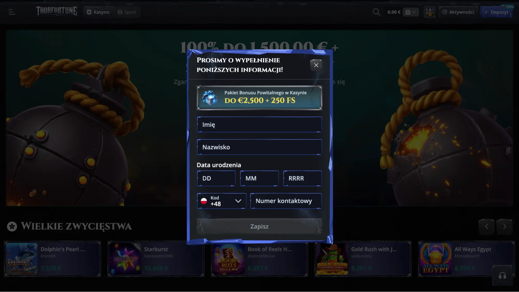 thorfortune casino rejestracja krok1