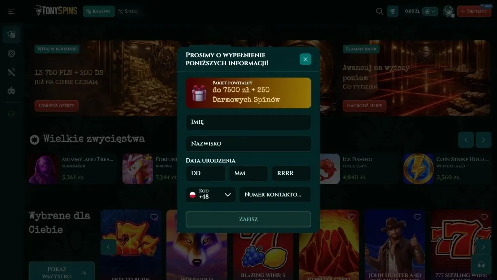 tony spins casino rejestracja krok 2