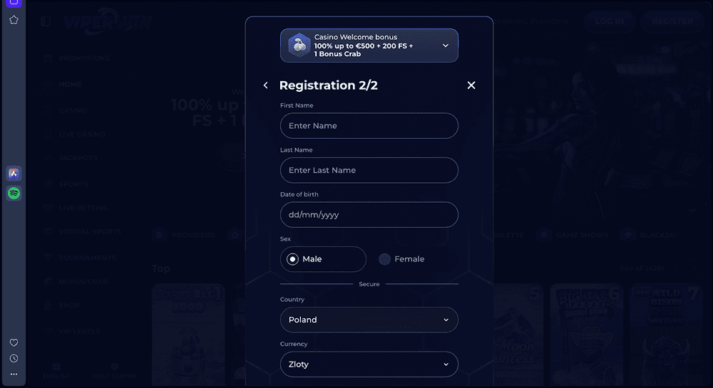 viper win casino wypelnienie danych osobowych