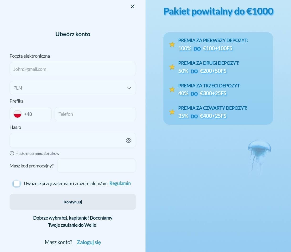 welle online rejestracja krok 2