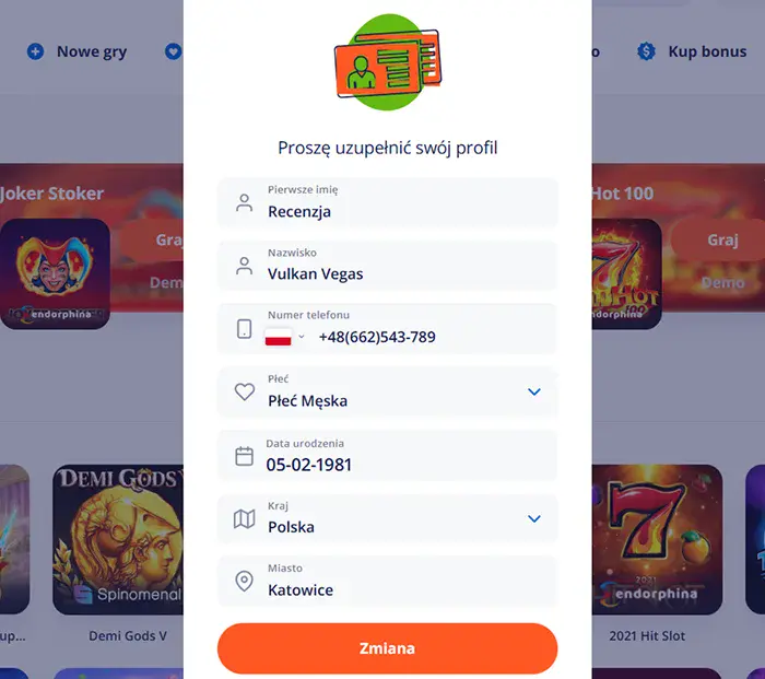 wypelnienie profilu na vulkan vegas