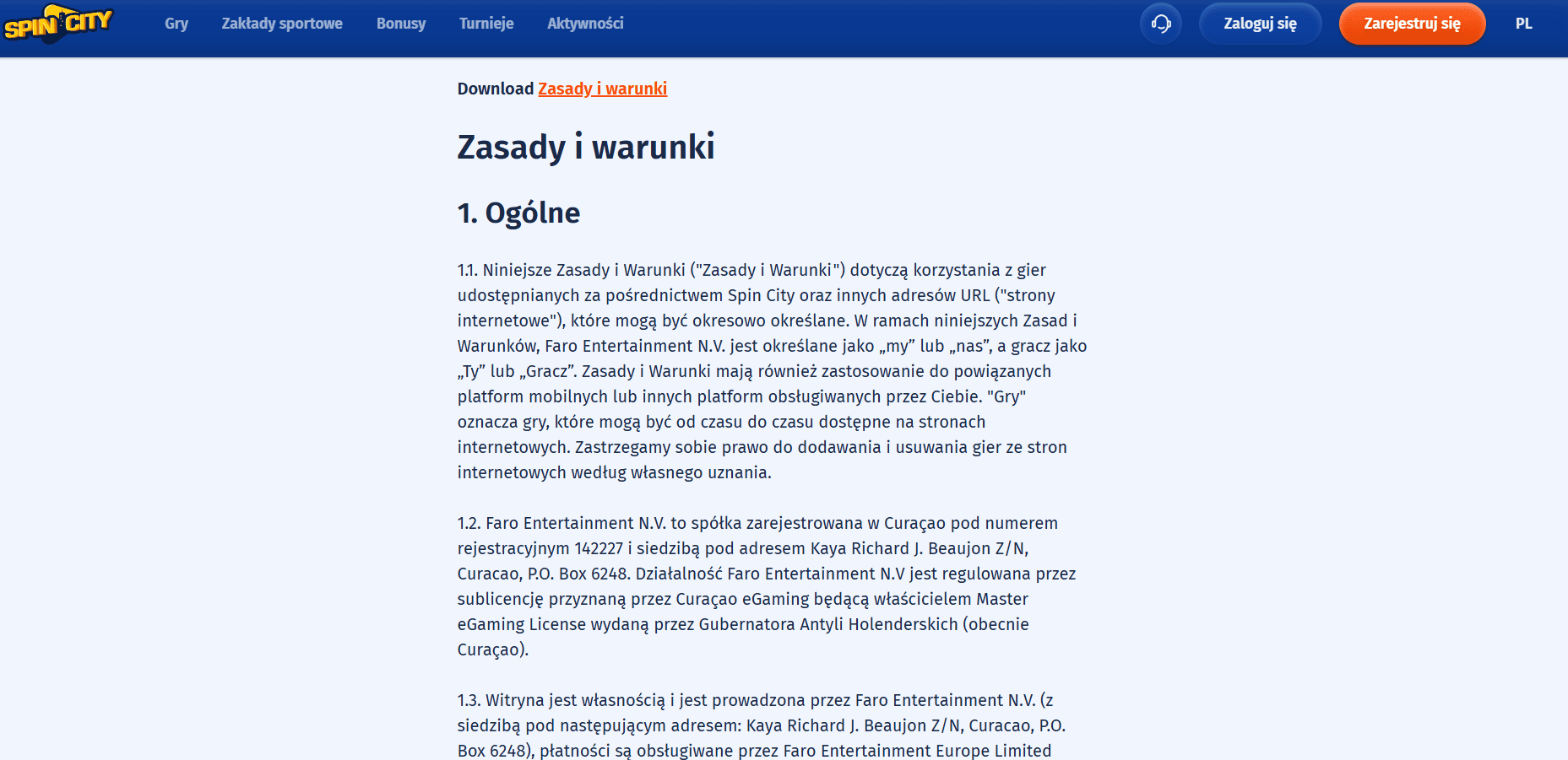 zasady i warunki spin city